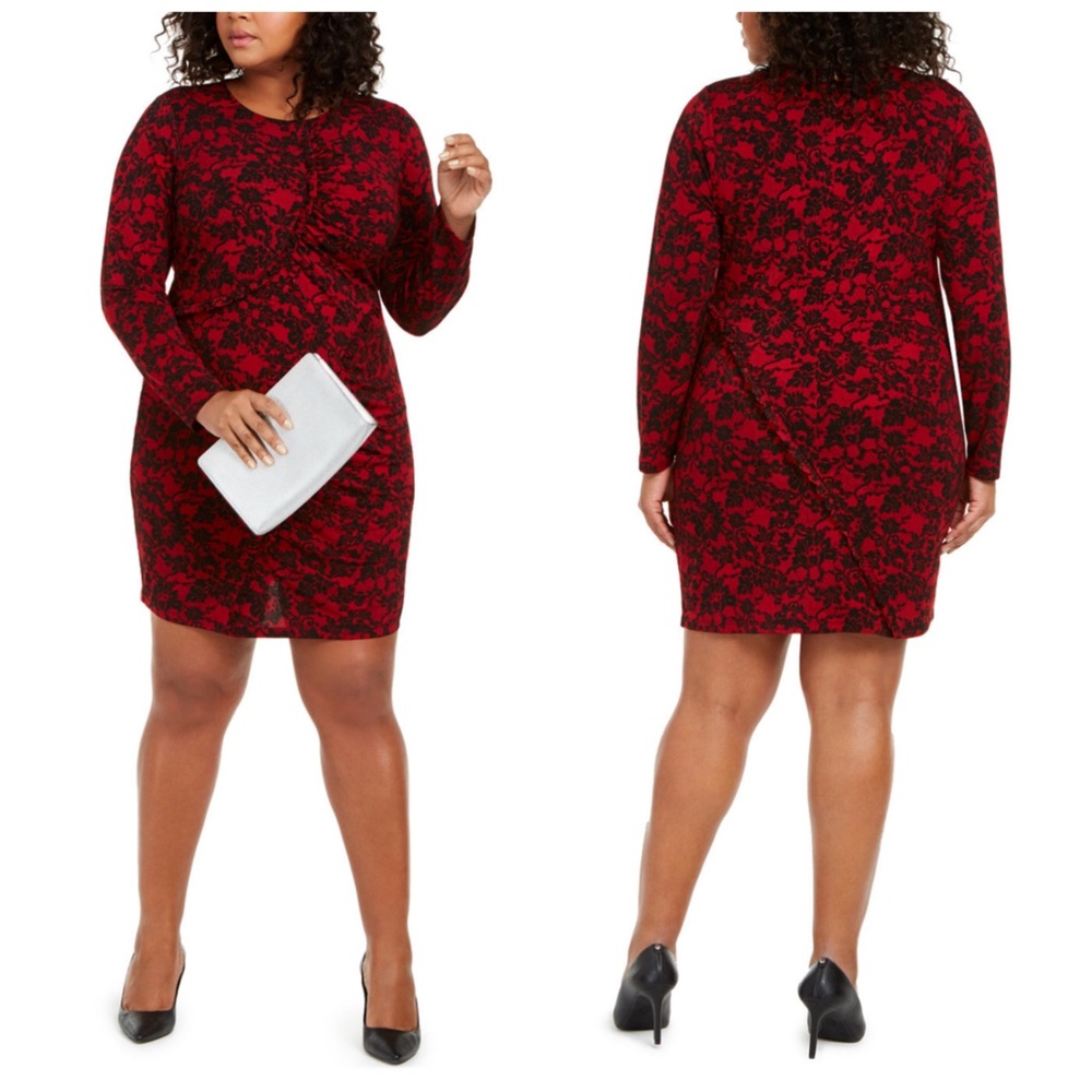 Michael Kors Red/Black Lace Print Ruffle Dress 1X